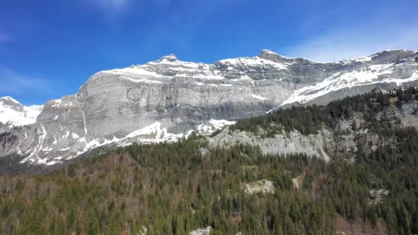 阳光灿烂的一天 阿尔卑斯山的勃朗峰地块上 白雪覆盖着岩石 向着沙门尼克斯飞去 — 图库视频影像