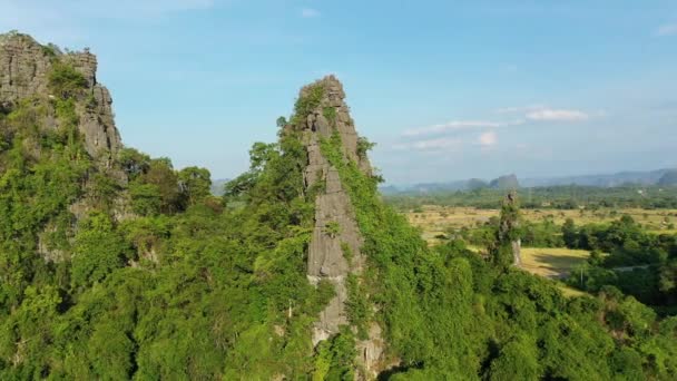 Karstgipfel Dominieren Die Landschaft Und Reisfelder Asien Laos Khammouane Richtung — Stockvideo