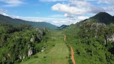 Yeşil pirinç tarlaları ve ateş ormanlarının ortasında, Asya 'da, Filipinler' de, Ifugao 'da, Luzon' da, Banaue 'ye doğru, Bontoc ve Sagada' da, güneşli bir günde,.