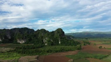 Dağların eteklerindeki çamurlu pirinç tarlaları ve Asya 'daki yemyeşil ormanlar, Laos, Khammouane, güneşli bir günde Thakek' e doğru..