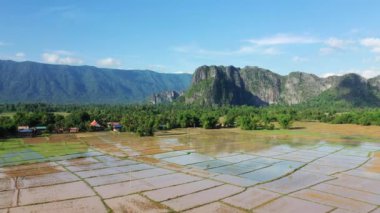 Dağların önündeki çeltik tarlaları ve Asya 'daki yeşil ormanlar Laos' ta, Khammouane 'de, güneşli bir günde Thakek ve Konglor' a doğru..
