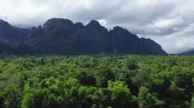 Sudaki pirinç tarlaları ve Asya 'daki Vang Vieng ormanlarının ve dağların ortasındaki tarlasını süren bir çiftçi, Laos' ta, Vientiane ve Luang Prabang arasında, güneşli bir günde,.