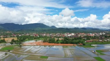 Vang Vieng şehrinin önündeki pirinç tarlaları ve Asya 'daki Nam Song nehri, Laos, yazın güneşli bir günde Vientiane ve Luang Prabang arasında..