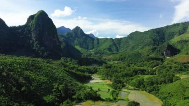 Asya 'da dağlar ve ormanlarla çevrili yemyeşil pirinç tarlaları, Laos, güneşli bir yaz gününde, Luang Prabang' a doğru..