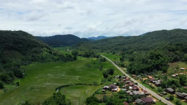 Дорога Посреди Сельской Местности Гор Окруженная Рисовыми Полями Азии Лаос — стоковое видео