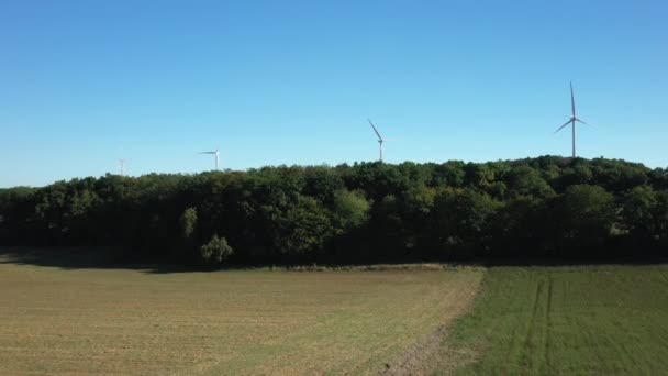 Bosque Verde Frente Campo Aerogeneradores Europa Francia Borgoña Nievre Verano — Vídeo de stock