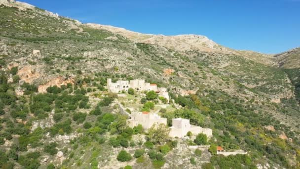 Village Traditionnel Porto Kagio Flanc Montagne Europe Grèce Péloponnèse Mani — Video