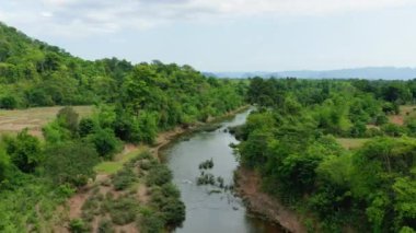 Güneşli bir günde Thakek 'e doğru, Asya' daki Nam Theun, Laos, Khammouane çevresindeki yemyeşil tropik ağaçlar..