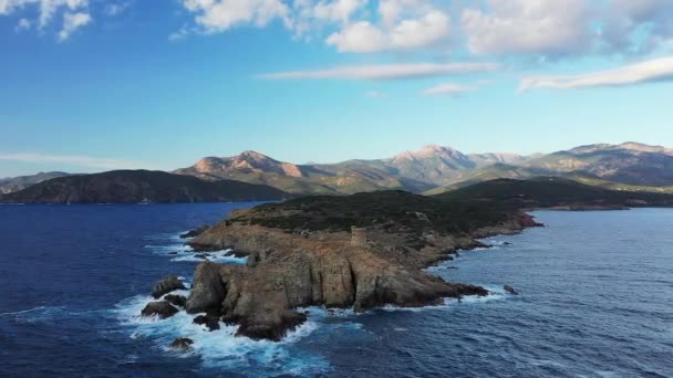 Arid Rocky Countryside Cargese Its Genoese Tower Europe France Corsica — 图库视频影像