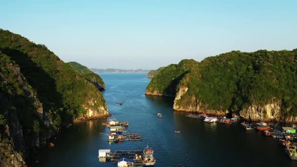 Floating Villages Green Karst Cliffs Long Bay Asia Northern Vietnam — Stockvideo