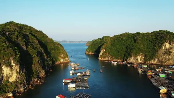Floating Villages Green Karst Cliffs Long Bay Asia Northern Vietnam — Stock videók