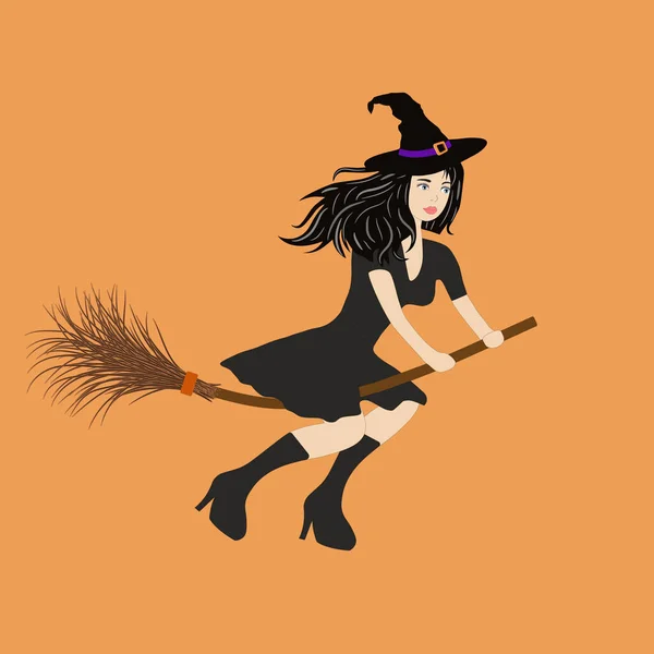 Halloween Witch Riding Broom — Stock Vector