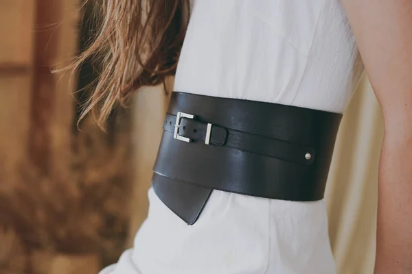 Slim Girl White Dress Tries Belt Black Leather — Stock Photo, Image
