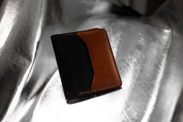 Leather Wallet Brown Silver Background — Stock Photo, Image