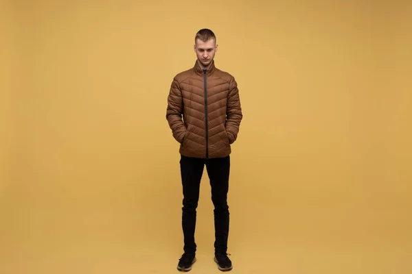 Unusual Charming Young Man Years Old Full Growth Brown Jacket — Fotografie, imagine de stoc