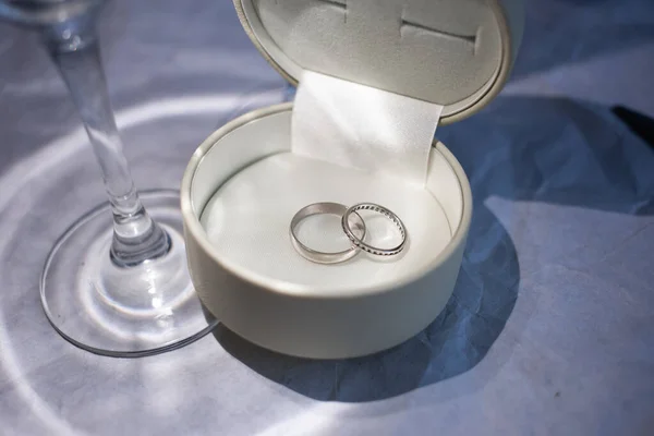 Anéis Casamento Dos Recém Casados Com Ouro Branco Jazem Uma — Fotografia de Stock