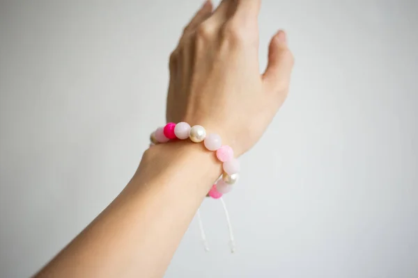 Bracelet Natural Stones Different Colors Beautiful Hand Young Girl White —  Fotos de Stock