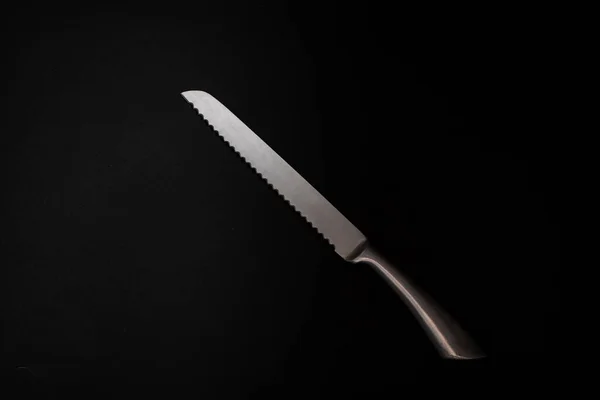 Knives Made Metal Silver Lie Black Background Glare Light — стоковое фото