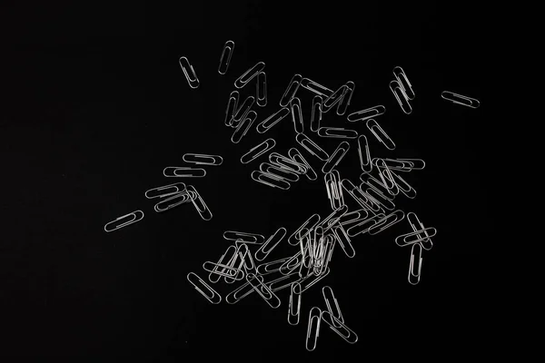 Metal Paper Clips Lie Black Background — Foto de Stock