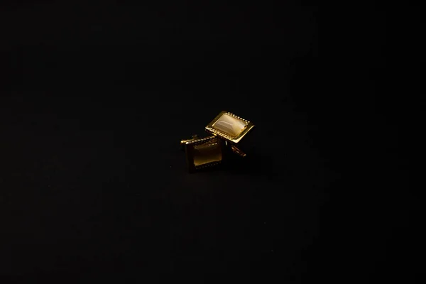 Gold Men Cufflinks Stones Lie Black Background — 스톡 사진