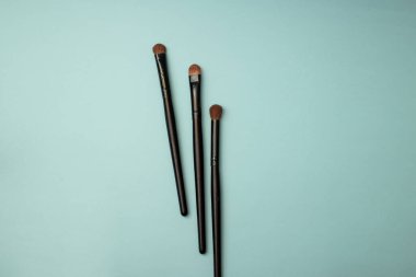 Mavi arka planda makyaj fırçaları