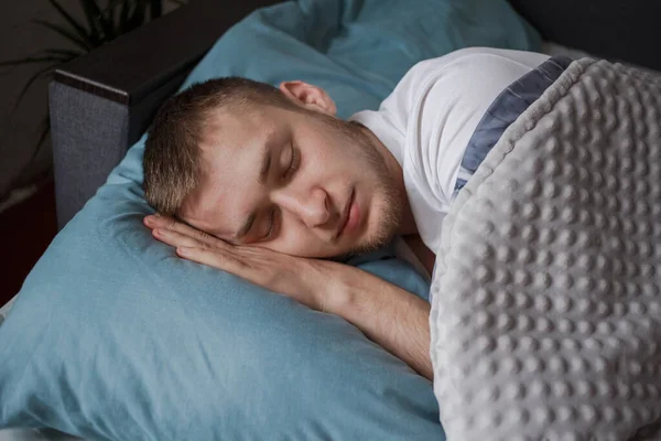 Man Pajamas Sleeps Bed Stok Fotoğraf