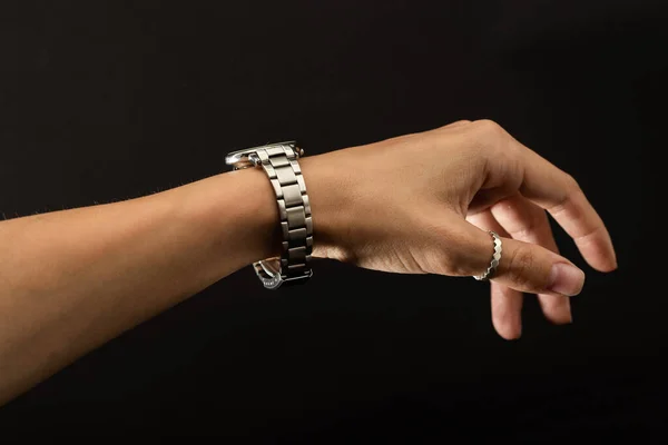 Girl Tries Hand Watch Silver — Stock Photo, Image