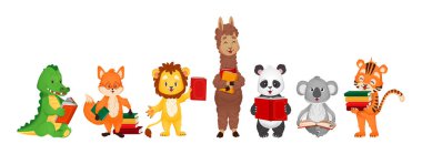 Kitap okuyan sevimli hayvanlarla dolu. Çizgi film düz stiliyle vektör illüstrasyonu