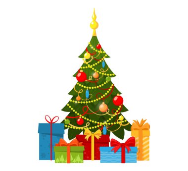 Noel ağacı süslemeleri, dekoratif toplar, boncuklar ve lambalarla süslenmiş. Hediye kutuları. Vektör düz biçim illüstrasyonu