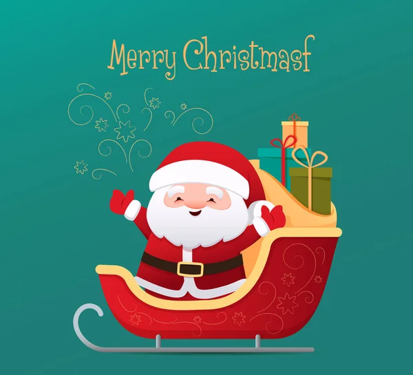 Tarjeta de felicitación con Papá Noel lindo en trineo de Navidad con bolsa y regalos. Ilustración vectorial, estilo de dibujos animados — Archivo Imágenes Vectoriales