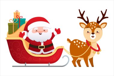 Şirin Noel Baba ren geyiği tarafından çekilen bir kızakta oturuyor. Çizgi film tarzında vektör illüstrasyonu beyaz arkaplanda izole edildi