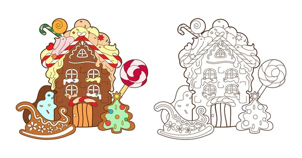 Dibujo para colorear con casa de jengibre, dulces de Navidad y árbol de jengibre de año nuevo, vector, ilustración en estilo de dibujos animados, arte de línea en blanco y negro — Vector de stock