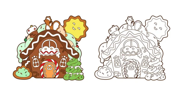 Dibujo para colorear con casa de jengibre, dulces de Navidad y árbol de jengibre de año nuevo, vector, ilustración en estilo de dibujos animados, arte de línea en blanco y negro — Vector de stock