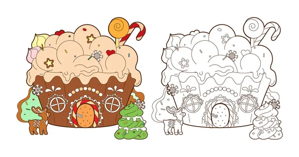 Disegno da colorare con casa di pan di zenzero, caramelle natalizie e albero di zenzero di Capodanno, vettore, illustrazione in stile cartone animato, linea arte in bianco e nero — Vettoriale Stock