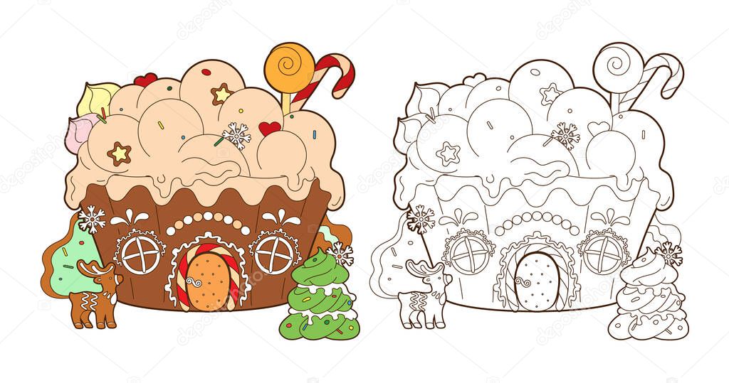 Coloring page with gingerbread house, Christmas candies and new year gingerbread tree, vector ,illustration in cartoon style, black and white line art