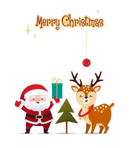 Santa Claus lindo junto a un ciervo y un árbol de Navidad está sosteniendo una caja de regalo. Feliz Navidad. Tarjeta de felicitación, estandarte. Ilustración vectorial, dibujos animados — Archivo Imágenes Vectoriales