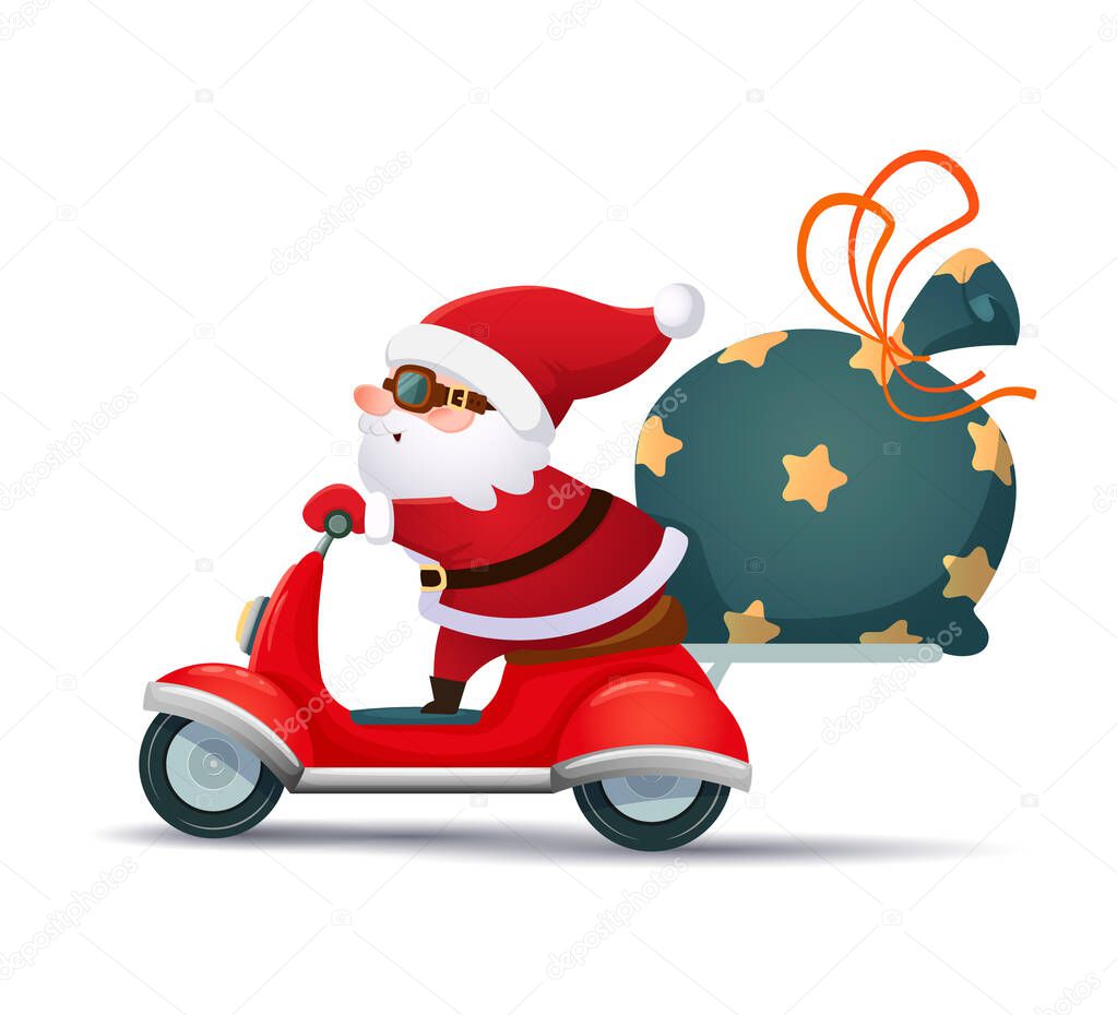 Cute Santa Claus on a scooter with a bag of gifts. Christmas banner, greeting card. Vector isolated illustration , cartoon style