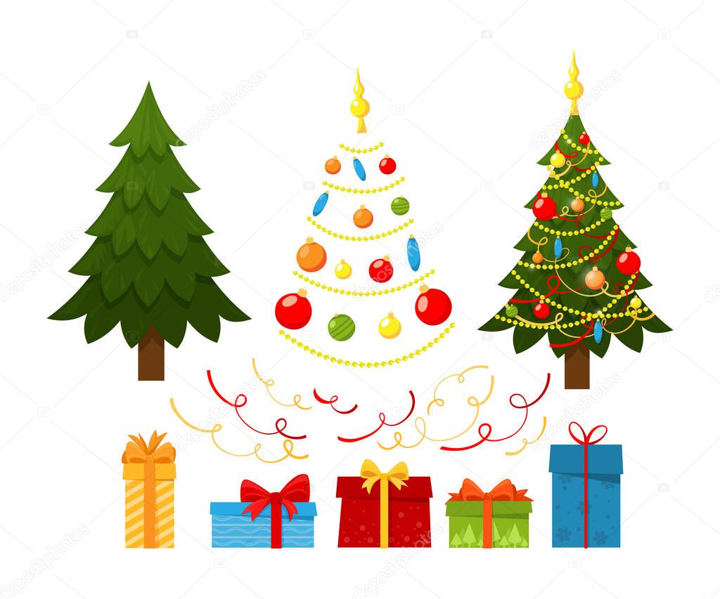 Set of Christmas elements, Festive trees, gift boxes, balls, garlands, serpentine, isolated design objects on a white background. Vector illustration ,cartoon flat style