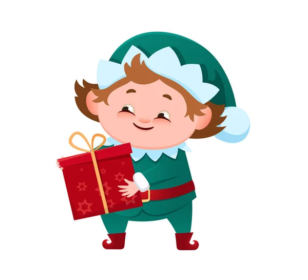 El pequeño gnomo elfo ayudante de Santas tiene una caja de regalo en sus manos. Ilustración vectorial en estilo de dibujos animados aislados sobre fondo blanco — Archivo Imágenes Vectoriales