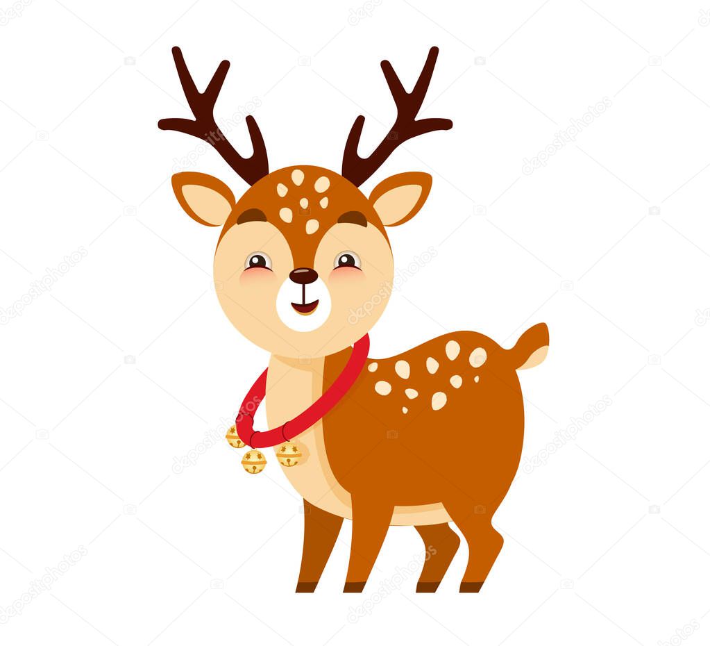 Santas cute reindeer helper with Christmas bells around his neck and red harness. Vector illustration in cartoon style isolated on white background