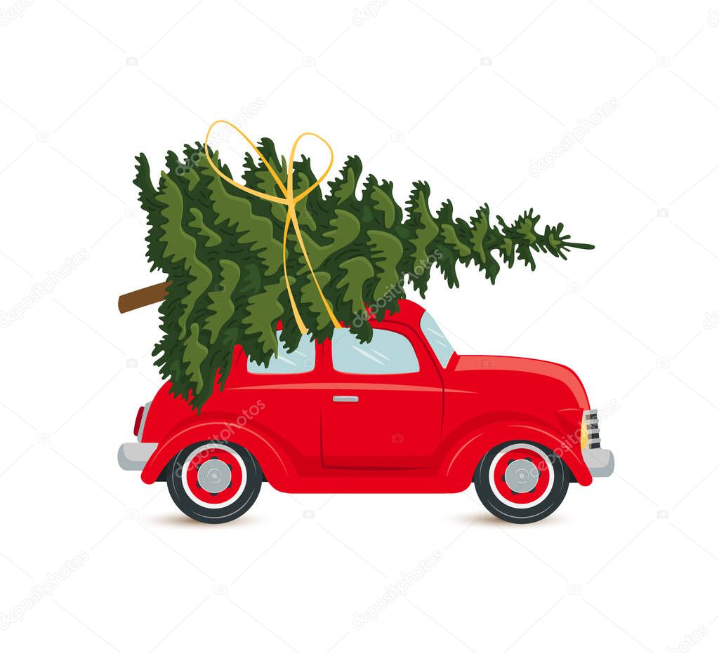 Red car with Christmas tree, postcard isolated on white background. Vector ,flat style illustration.