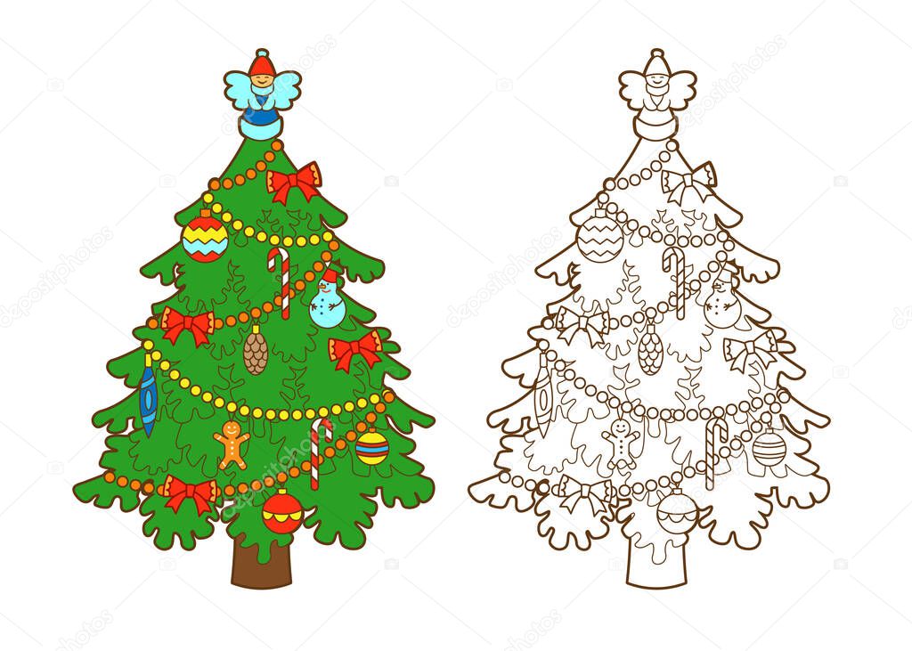Coloring book Christmas decorated tree with an angel figurine on top, sweets and Christmas balls. Vector, illustration in cartoon style