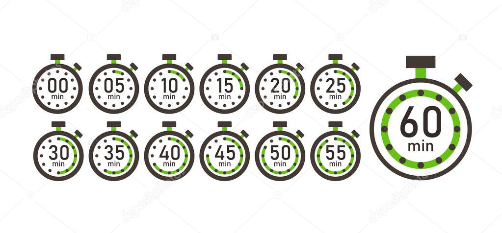 Cooking time, set of time counter icons from 5 minutes to 1 hour. Stopwatch Timer Clock Vector Illustration Isolated White Background