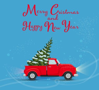 Çatıda bir Noel ağacı taşıyan kırmızı bir yılbaşı kartı, dairesel vektör çizimi, çizgi film tarzı, afiş, broşür.