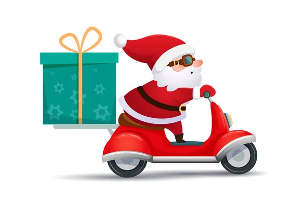 Cute Santa Claus Scooter Lleva Una Gran Caja Regalo Atada — Archivo Imágenes Vectoriales