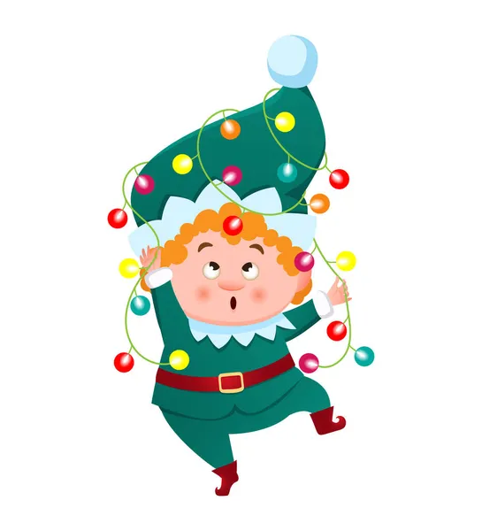 Een Schattige Elf Kabouter Santa Helper Verstrikt Een Kerstslinger Met — Stockvector
