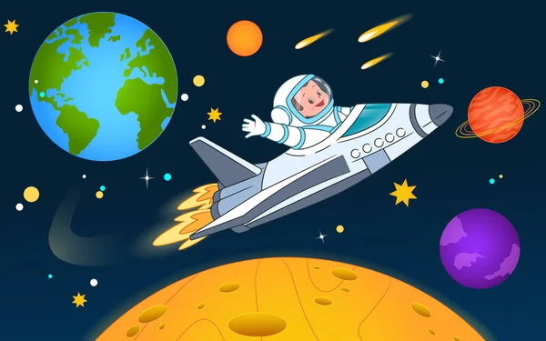 De astronaut vliegt op een shuttle tussen de planeten en zwaait groet met zijn hand. Pagina, ansichtkaart, banner met een ruimtethema. Vector illustratie, cartoon stijl — Stockvector