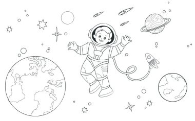 Boyama kitabı. Genç bir astronot, açık uzayda Dünya 'nın, gezegenlerin ve yıldızların arka planına karşı yükselir. Vektör illüstrasyonu, çizgi film biçimi