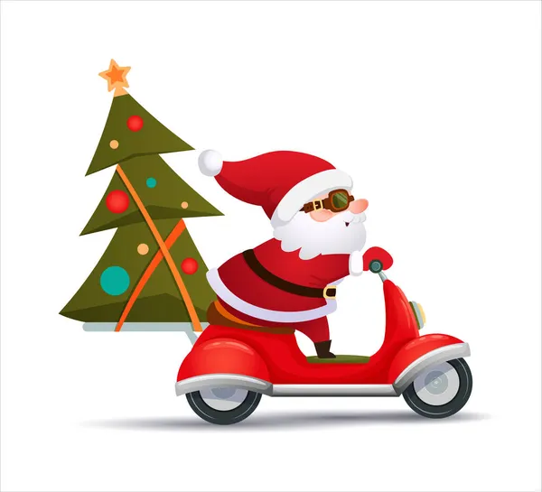 Papai Noel está carregando uma árvore de Natal em uma scooter vermelha. Ilustração vetorial, estilo cartoon isolado no fundo branco — Vetor de Stock