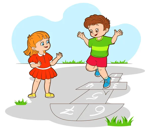 Ένα μικρό αγόρι και ένα κορίτσι που πηδιούνται παίζοντας κουτσό. Εικονογράφηση διάνυσμα, καρτούν επίπεδη στυλ — Διανυσματικό Αρχείο